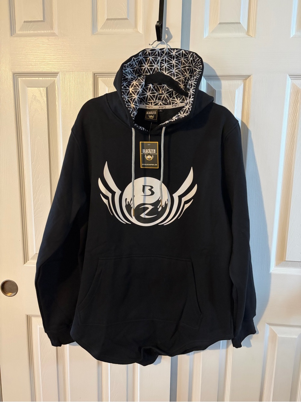 Blackzén Men’s Black Hoodie White Graphic On Front, Embroidery On Sleeve NWt